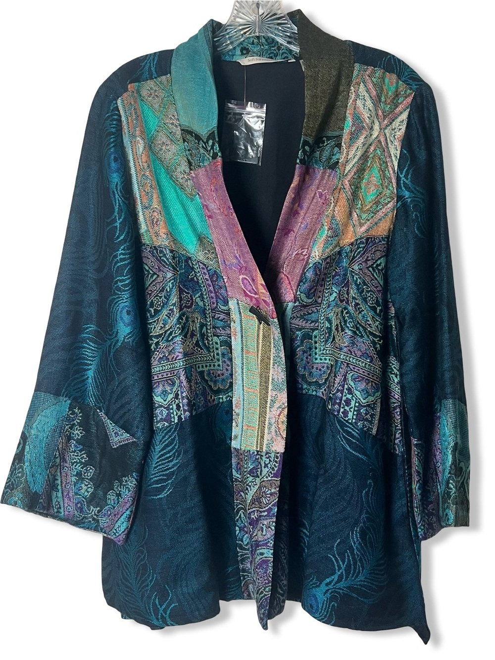 Soft Surroundings Women’s Kimono Jacket Peacock Multicolor Patchwork Trim Sz S